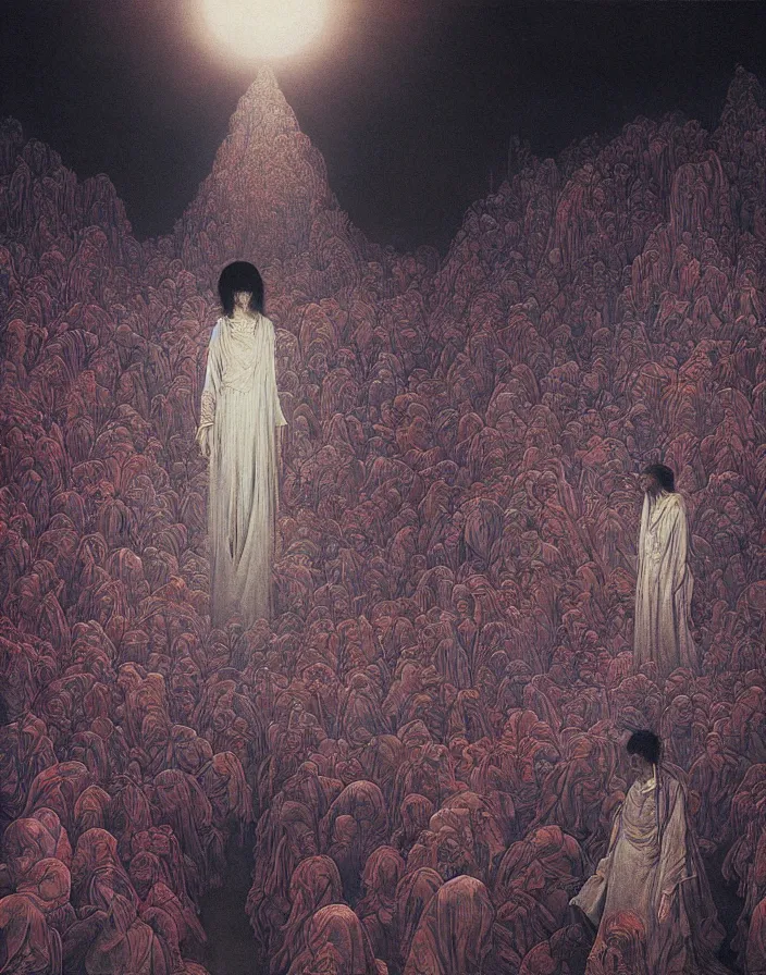 Image similar to worshippers in robes belonging to the cult of the crystal light gather inside a sma room around the big glowing crystal, big glowing crystal radiating white light, interior, high detailed beksinski painting, part by adrian ghenie and gerhard richter. art by takato yamamoto. masterpiece, deep colours