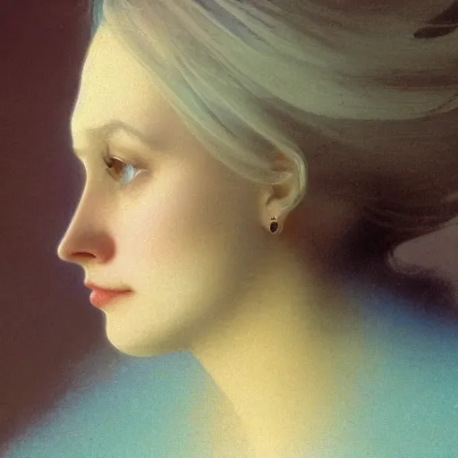 Prompt: a young woman's face, her hair is silver grey and she wears an indigo blue satin cloak, by ivan aivazovsky and syd mead and moebius and gaston bussiere and roger dean and pieter claesz and paul delaroche and alma tadema and aelbert cuyp and glenn fabry, hyperrealistic, volumetric light, octane render