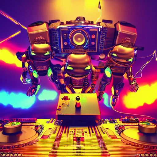 Prompt: album art, the band name is roborock, energetic trance music, band with 3 steampunk robots on a dj desk with a cd mixer, 8 k, flourescent colors, halluzinogenic, multicolored, exaggerated detailed, front shot, 3 d render, octane