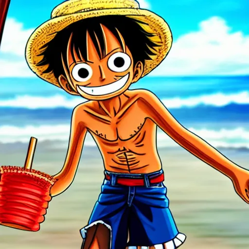 Prompt: Monkey D Luffy holding his straw hat, ocean background