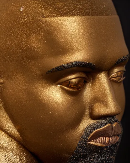 Prompt: highly detailed closeup, face profile portrait of a kanye west as a solid gold statue, depth of field, nicoletta ceccoli, mark ryden, lostfish, max fleischer, breathtaking, detailed and intricate environment, 8 k resolution, hyperrealistic, octane render