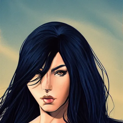 Image similar to a stunning upper body portrait of a beautiful woman with navy blue tinted black hair blowing in the wind by marvel comics, digital art, trending on artstation