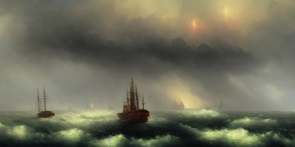 Image similar to A floating city, above an ocean, rainy, turmoil, storm, extremely detailed digital matte painting in the style of Ivan Aivazovsky