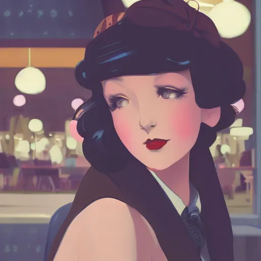 Image similar to portrait of beautiful girl with dark hair dressed in 1920's style, sitting in cafe alone, nighttime, low-key neon lighting, 4k, HQ, official media, anime key visual, makoto shinkai, ilya kuvshinov, lois van baarle, rossdraws, detailed, trending on artstation