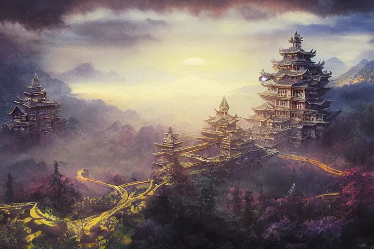 Image similar to fantasy painting, aerial view of an ancient land, sunset and ominous shadows over the kingdom, brutalist shiro himeji rivendell palace eden by jessica rossier and ( ( ( ( brian froud ) ) ) )