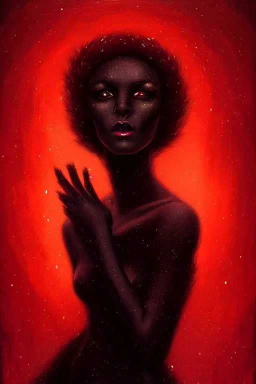 Image similar to Nocturne, glowing, stars, a portrait of black furry shadow monster hybrid woman, highly detailed, mysterious, ethereal, dressed in red velvet, haute couture, illustration, dramatic lighting, soft details, painting, by Edmund Blair Leighton, Brom, Charlie Bowater, trending on artstation, faces by Tom Bagshaw, otto schmidt