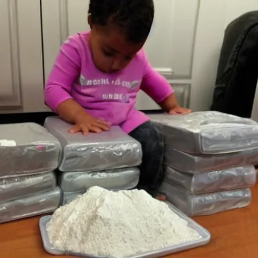 Prompt: Toddler buying 100kg of cocaine on Ipad. Kilos of cocaine in the background