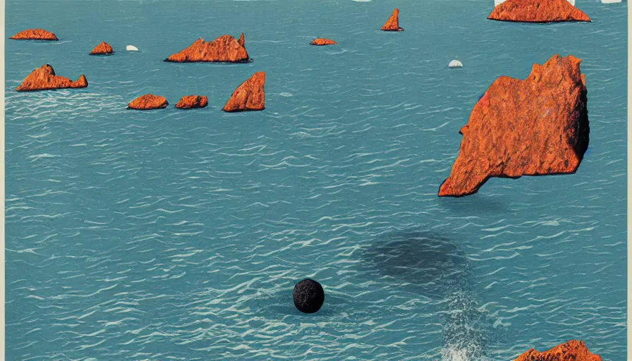 Prompt: a poster about Percé Rock, a rock with a hole in it in the sea, by Bauhaus and John Baldessari