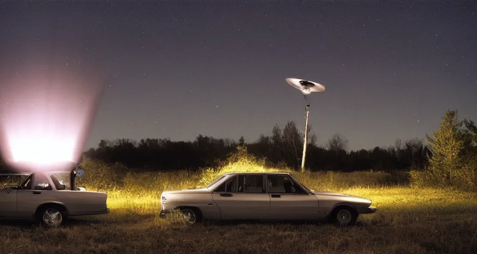 Image similar to a photograph of a UFO shining it’s light down on a car at night by Gregory Crewdson