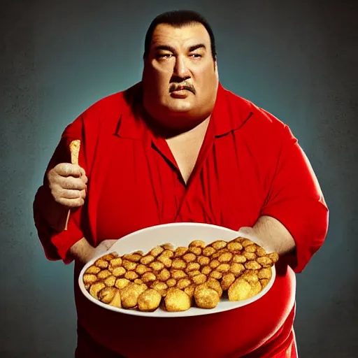 Image similar to an obese steven seagal holding a jelly donut in his left hand, and a fried chicken drumstick in his right hand, hyper realistic, studio quality, real photograph, high resolution