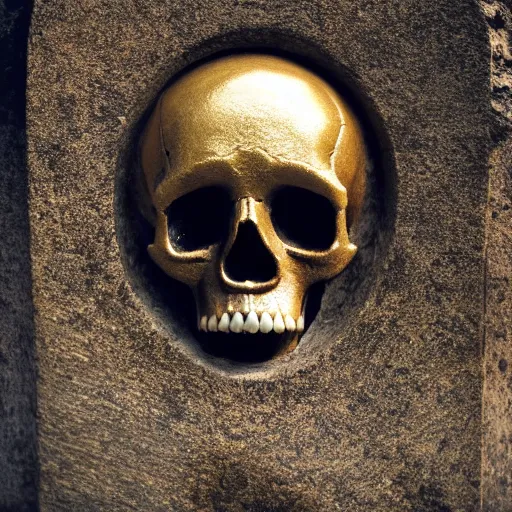 Image similar to medium shot of a skull made of solid gold sits on an abandoned gravestone, beautiful detailed intricate insanely detailed octane render, 8k artistic photography, photorealistic, unreal engine