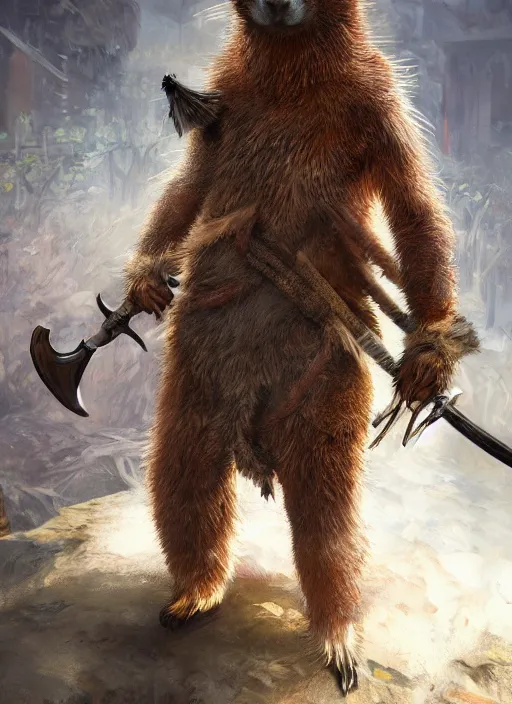 Image similar to detailed full body concept art illustration, oil painting on canvas of an anthropomorphic capybara barbarian swinging a two handed sword in full intricate clothing, biomutant, dystopian, micro detail, octane render, 4K