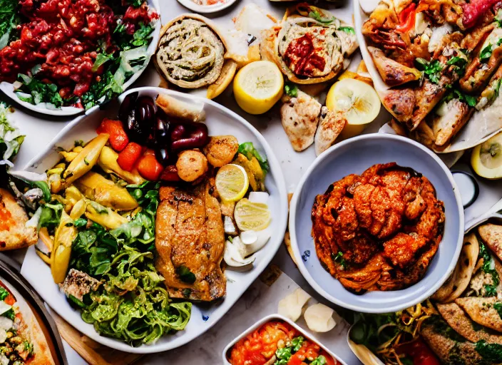 Image similar to dslr food photograph of mediterranean dinner spread, 8 5 mm f 1. 8