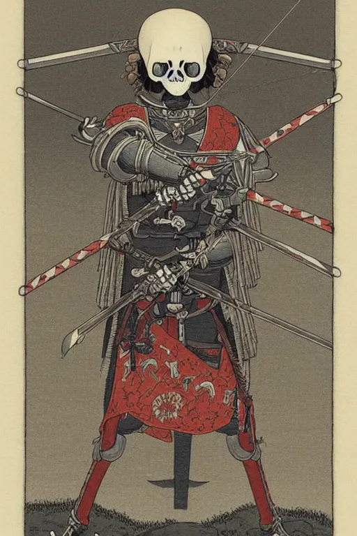 Prompt: portrait of a skeleton archer with big sword, wearing helmets and armor with wings, symmetrical, solemn, sacred, aura, a detailed matte painting by kawase hasui