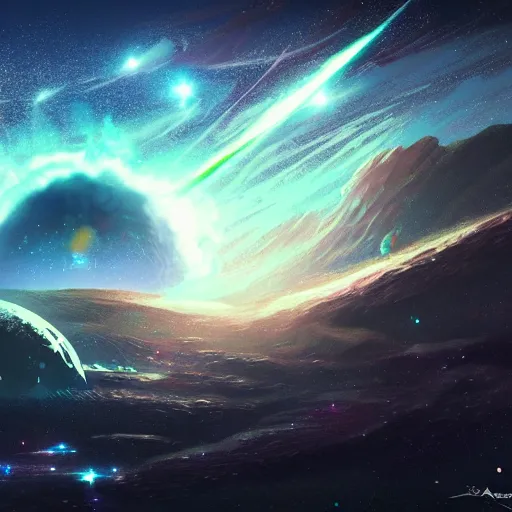 Image similar to concept art of an alien outer space galaxy, open expanse, stars, meteorites, floating debris, beautiful, fantasy, colorful, cinematic lighting, artstation, trending, highly detailed, focus, smooth, by studio ghibli, rossdraws, hirohiko araki, conrad roset, yoshitaka amano