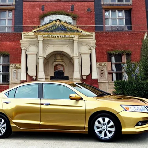 Prompt: A 24 karat gold Honda Accord on display at an auction.