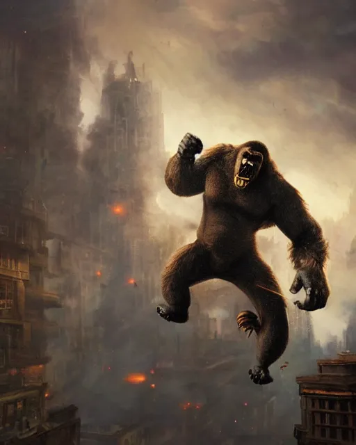 Image similar to oil painting of Steampunk angry King Kong smashing buildings, sharp focus, full body, heroic pose, fantasy style, steampunk city background, octane render, volumetric lighting, 8k high definition, by greg rutkowski, highly detailed, trending on art Station, magic the gathering artwork, centered, dramatic artwork, combat scene