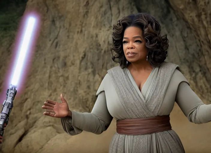 Image similar to oprah winfrey plays a jedi master in star wars rise of skywalker, 3 5 mm photography, highly detailed, cinematic lighting, standing pose, fully body shot, holding lightsaber 4 k