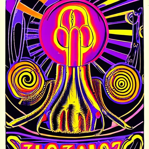 Prompt: Fillmore concert poster for The Bozone April 20, 1969 by Victor Moscoso and S. Clay Wilson, psychedelic, day-glo colors, flowing lettering