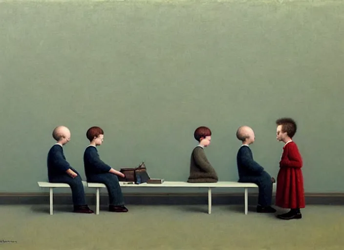 Prompt: a very boring day in school, painting by quint buchholz and ray caesar, muted colors, gray, dull, boring, low energy, pale blue faces, very detailed