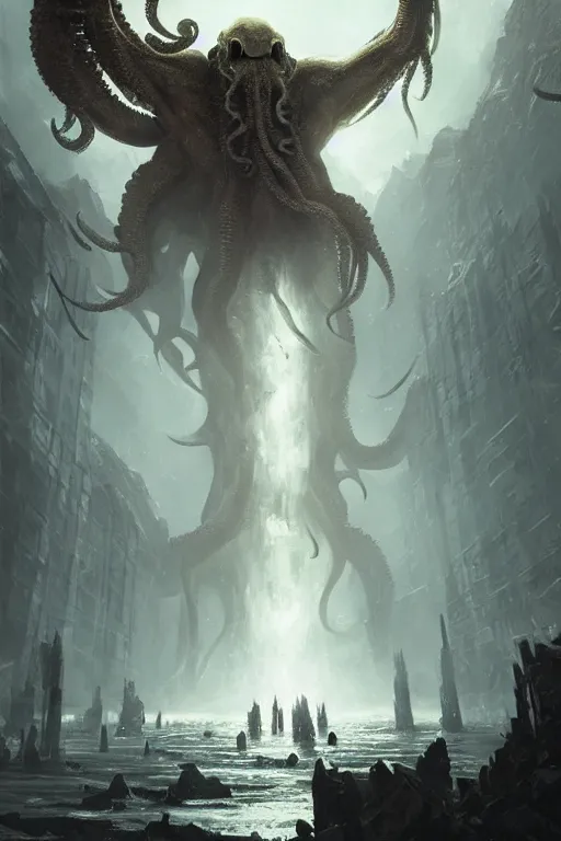 Image similar to cthulhu, huge, towering, gigantic, high octane, 8 k, digital art, magic the gathering, mtg, by greg rutkowski, trending on artstation