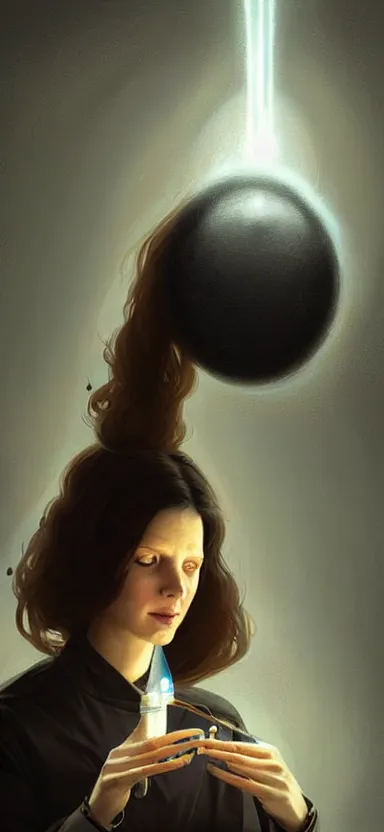 Prompt: a portrait art of a female scientist in a laboratory holding a small black hole in her hands, inspired art by istvan sandorfi and greg rutkowski, concept art, stylised, elegant, illustration, high quality, highly detailed, long hair, digital art, pinterest