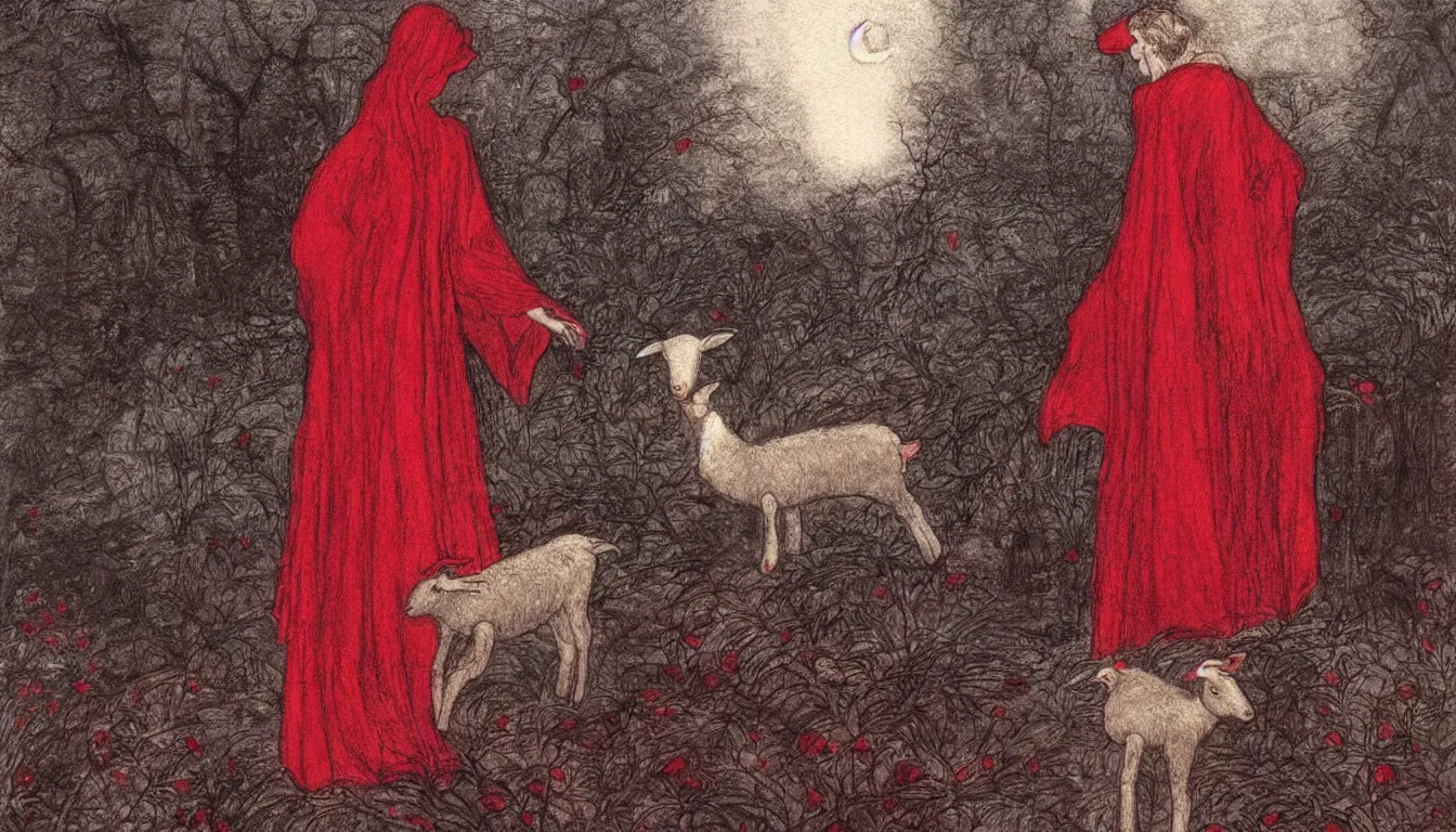 Prompt: a lamb wearing heavy red robes by ida rentoul outhwaite, deep crimson and dark shadows, foggy background, ambient glow, horror scene