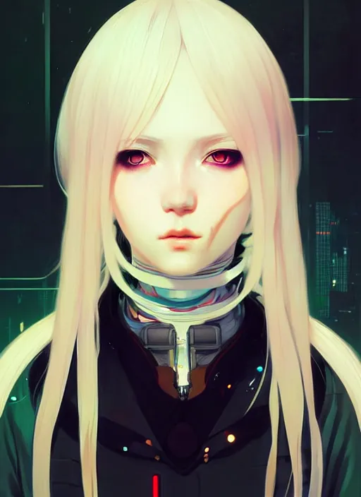 Image similar to portrait Anime girl cyberpunk, cute-fine-face, white-hair pretty face, realistic shaded Perfect face, fine details. Anime, cyberpunk. realistic shaded lighting by Ilya Kuvshinov and Gustav Klimt