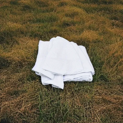 Prompt: “small white linen blanket laid out amongst a grassy prairie scene in August, muted colours, wide shot”