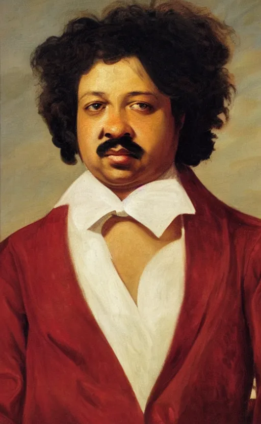 Image similar to Portrait of Alexandre Dumas, oil on canvas, highly detailed, by Delacroix, 8k