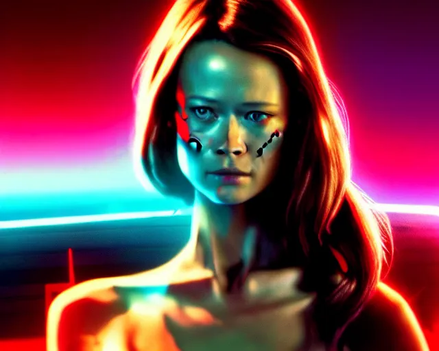 Image similar to summer glau as synthwave terminator, hyperrealism, action movie still, 4k, cdx