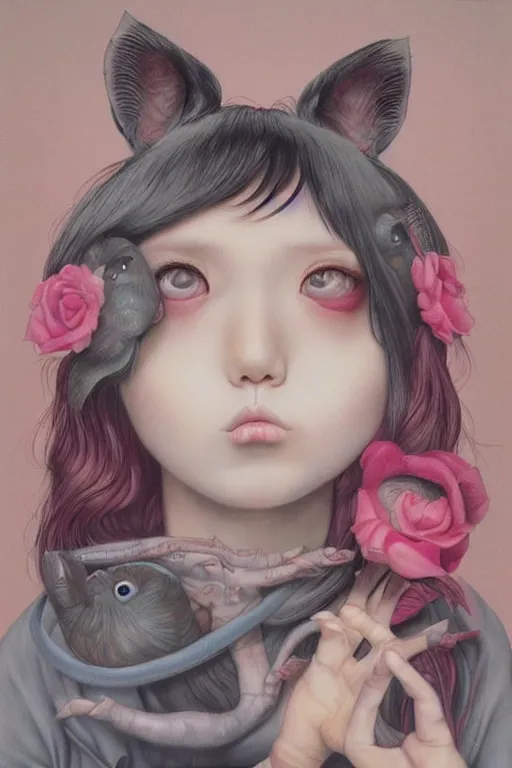 Image similar to pop surrealism, lowbrow art, realistic cute girl painting, japanese cute fashion, hyper realism, muted colors, trevor brown style