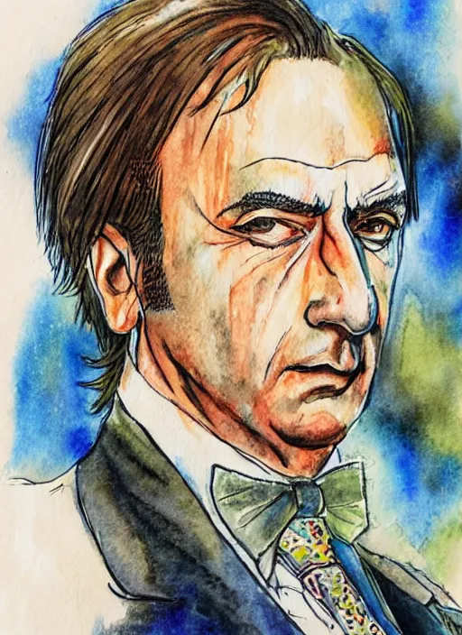 Image similar to water color portrait of saul goodman in the style of yoshitaka amano, final fantasy cover