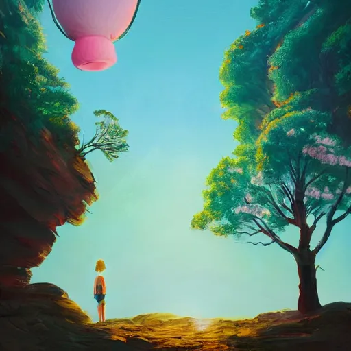 Image similar to giant cherry blossom as a head, girl hiking in a canyon, surreal photography, sunrise, dramatic light, impressionist painting, colorful clouds, digital painting, artstation, simon stalenhag