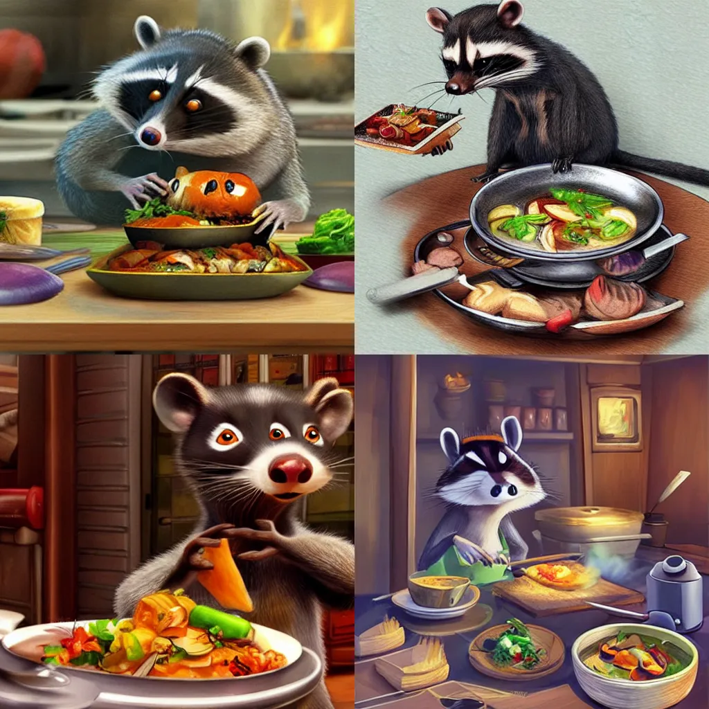 Prompt: “digital concept art for a Ratatouille sequel set in japan with a raccoon cooking delicious food”