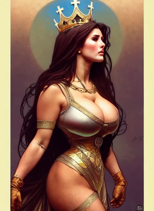 Image similar to lucy pinder as queen, incredibly detailed face, light half opened dress, true anatomy, art by artgerm and greg rutkowski and alphonse mucha