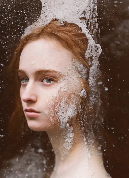 Image similar to Kodak Portra 400, 8K, soft light, volumetric lighting, highly detailed, britt marling style 3/4 ,portrait photo Close-up portrait photography of a beautiful woman how pre-Raphaelites, the face emerges from Pamukkale, thermal waters flowing down white travertine terraces, inspired by Ophelia paint ,and hair are intricate with highly detailed realistic beautiful flowers , Realistic, Refined, Highly Detailed, interstellar outdoor soft pastel lighting colors scheme, outdoor fine art photography, Hyper realistic, photo realistic