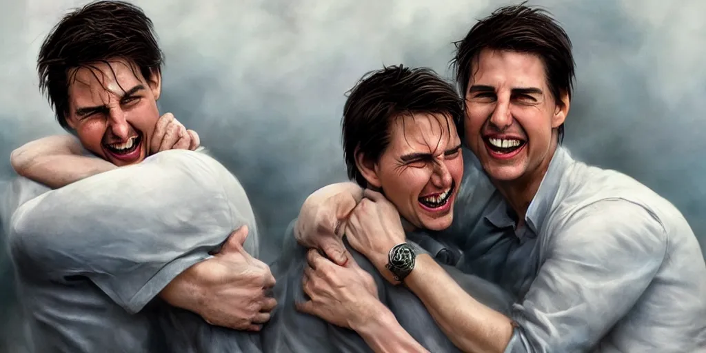 Prompt: hyper realistic tom cruise hugging tom cruise, hugging tom cruise, all overly excited, jaw unhinged with laughter and smiling, all teeth, kinda disturbing but really funny by greg rutkowski, scott m fischer, artgerm, loish, slight glow, atmospheric, anne stokes, alexandros pyromallis