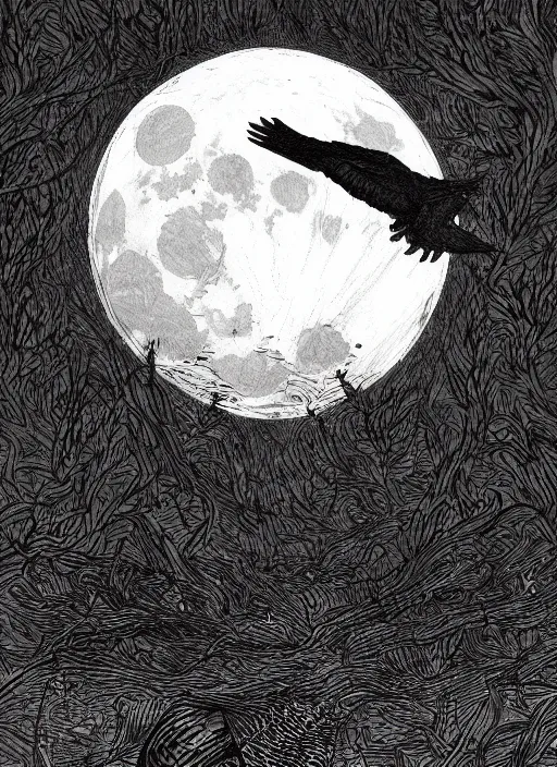 Image similar to portrait, A crow in front of the full big moon, book cover, red white and black colors, establishing shot, extremly high detail, foto realistic, cinematic lighting, pen and ink, intricate line drawings, by Yoshitaka Amano, Ruan Jia, Kentaro Miura, Artgerm, post processed, concept art, artstation, matte painting, style by eddie mendoza, raphael lacoste, alex ross