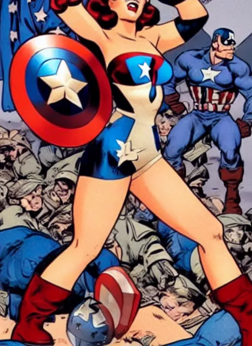 Image similar to gorgeous female captain america standing on a pile of defeated, beaten and broken ss soldiers. feminist captain america wins ww 2. american ww 2 propaganda poster by rob liefeld and pixar. gorgeous face. pin up. overwatch.