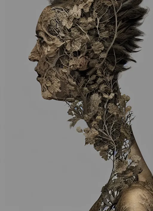 Image similar to a woman's face in profile, made of leaf skeletons, in the style of the Dutch masters and Gregory Crewdson, dark and moody intricate traditional Chinese textures, rococo decorations, hyper detail, Unreal engine,Octane render, by Karol Bak