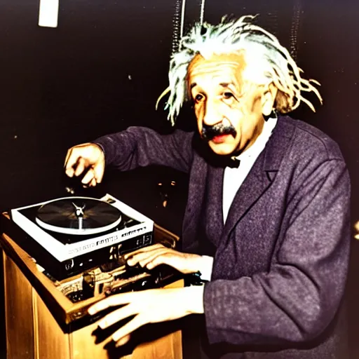 Image similar to color photograph of Albert Einstein DJing a record player at a nightclub, color photograph, color photograph