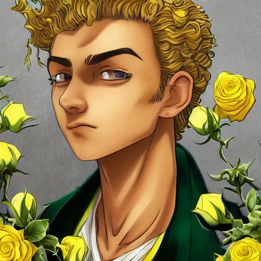 Prompt: a side view portrait of 1 5 years old young and beautiful giorno giovanna, green and yellow roses fill the background, fantasy, detailed, cinematic, tarot card, highly detailed, golden ratio, 8 k