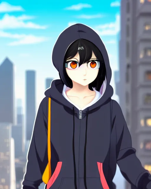 Prompt: black haired girl wearing hoodie, detailed city background, anime by shinkai makoto