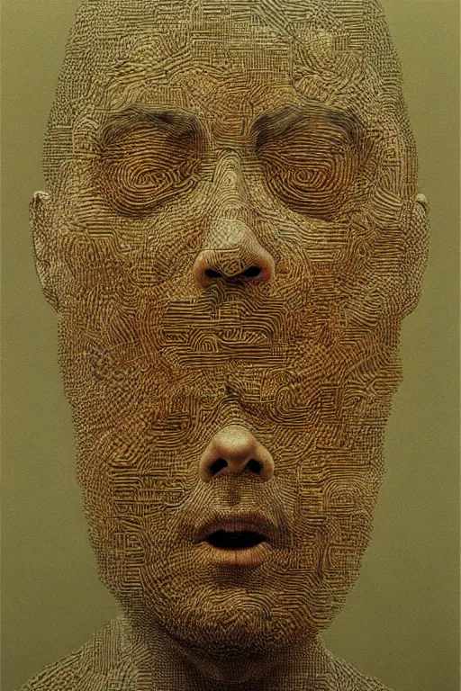 Image similar to ascii art, hyperrealism oil painting, portrait scary ai weiwei style zdzislaw beksinski