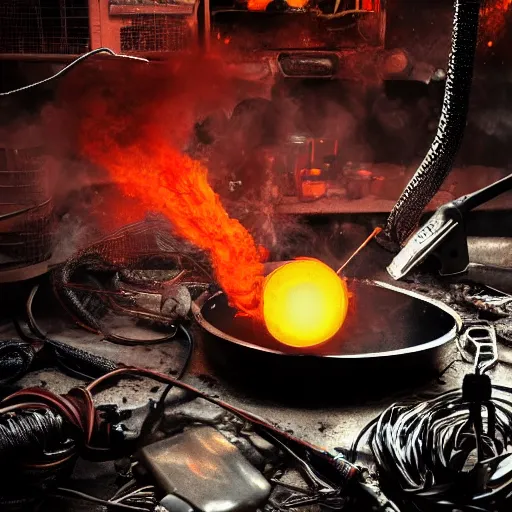 Image similar to fried egg in a red hot frying pan, tangles of metallic cables, dark messy smoke - filled cluttered workshop, dark, dramatic lighting, orange tint, sparks, plasma charges, cinematic, highly detailed, sci - fi, futuristic, movie still