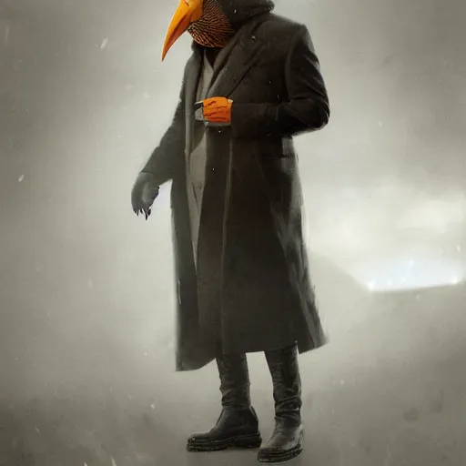 Prompt: A man draped in a ankle-length overcoat with leather gloves and boots wearing a bird-like beak mask by Greg Rutkowski, photorealistic, volumetric lighting, HD, subtle details, dramatic