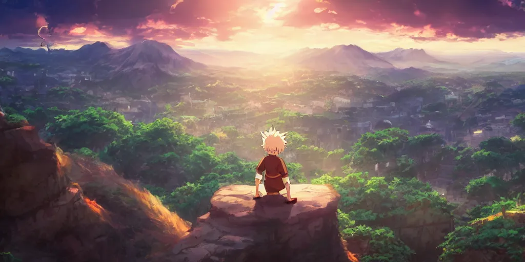 Prompt: isekai masterpiece anime boy sitting on a rock off to the side looking down upon fantasy floating sky town, during dawn, cinematic, very warm colors, intense shadows, anime illustration, anime screenshot composite background