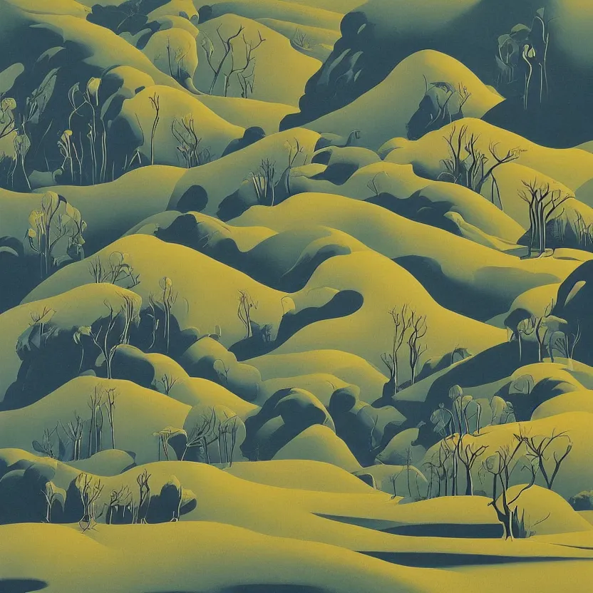 Image similar to serigraph landscape illustrations by american artist eyvind earle.