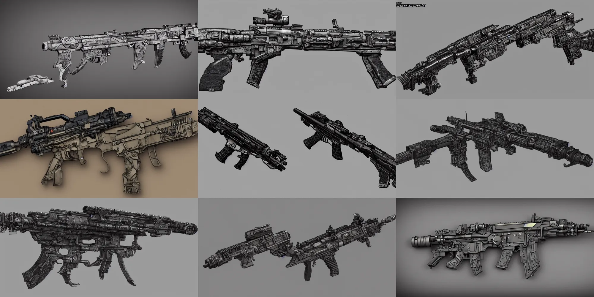 Prompt: corner assault rifle, mechanical, very intricate, 4k, futuristic, very detailed, trending on ArtStation